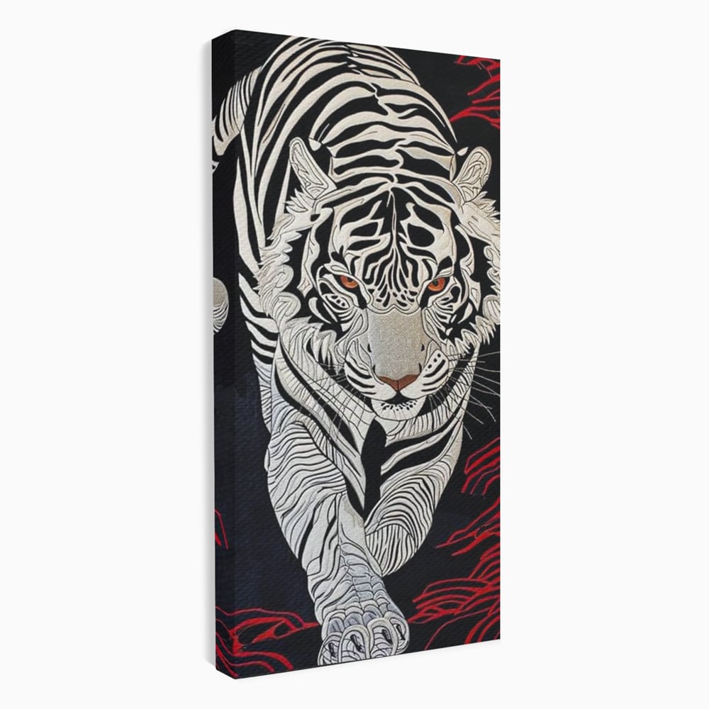 Tablou canvas cu tablou vertical cu tigru alb pe fundal negru, fara rama, pe sasiu de lemn